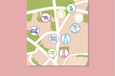 Eine illustrierte Karte bildet die Straße der Kinderrechte im Nürnberger Stadtpark ab und zeigt die verschiedenen Stationen auf.