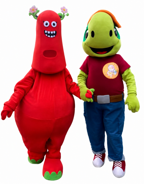 Kinderrechte-Maskottchen Tim und Maskottchen vom Kinderklinikum Frizzi