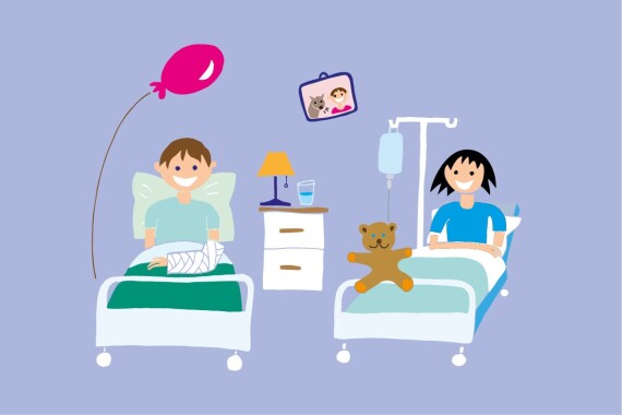 Die Illustration zeigt Kinder in Krankenhausbetten, die lächeln.