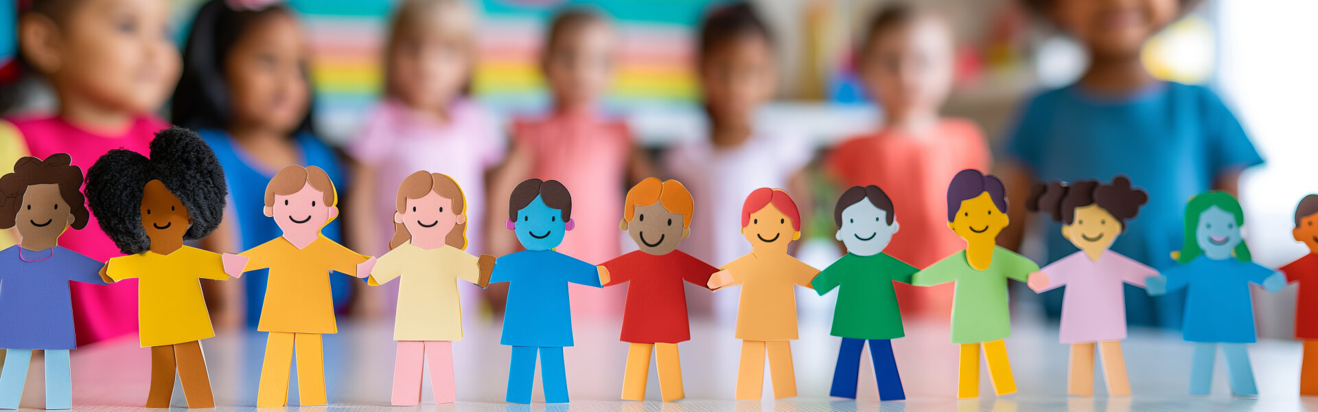 Bunte Papier Figuren halten sich an den Händen im Hintergrund sind Kindergartenkinder zu sehen.