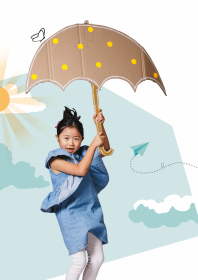 ein Mädchen fliegt auf einem Regenschirm
