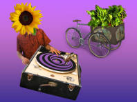 Eine Collage aus einem DJ, einem Plattenspieler, einer Sonnenblume und einem Lastenfahrrad voll mit grünem Salat.