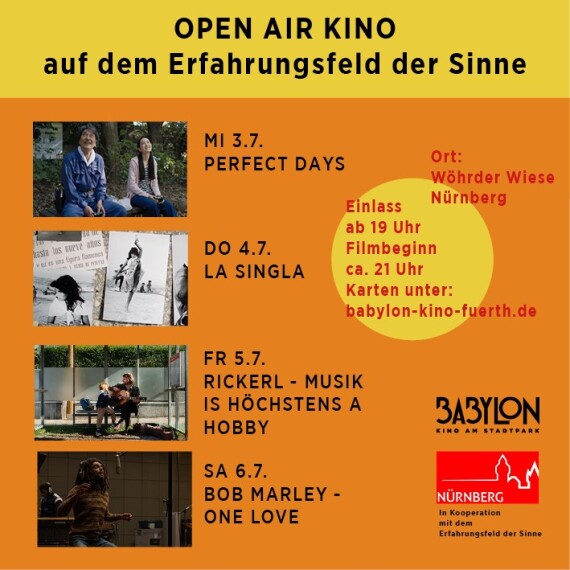 Das Plakat zum Open Air Kino.Mittwoch, 3. Juli: Perfect DaysDonnerstag, 4. Juli: La SinglaFreitag, 5. Juli: Rickerl - Musik is höchstens a HobbySamstag, 6. Juli: Bob Marley - One love