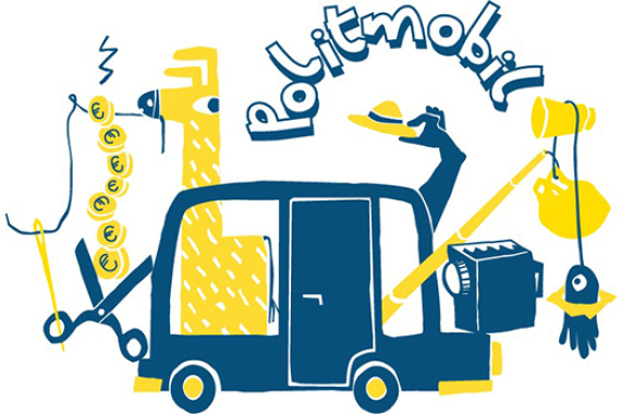 Eine gezeichnete Illustration von einem Auto mit verschiedenen Elementen, die die Workshops des Politmobils symbolisieren.