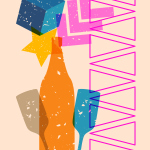 Risograph Champagne glass and bottle with geometric shapes. Objects in trendy riso graph print texture style design with geometry elements.