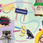 Bunte Collage im Pop-Art-Stil: Eine gepunktete Weglinie führt quer durchs Bild zu einem Straßenschild „Melanchtonplatz“. Entlang des Weges sind verschiedene Motive verteilt – durchgestrichenes Popcorn, eine Person mit Kiste Gemüse (auf dem Kopf stehend), ein Comic-Sprechblasen-Text „Vamos a la playa…“, ein Mensch mit Tonbandgerät vor dem Gesicht, ein krächzender Rabe mit „Krah-krah!“, ein Stuhl, Zahnräder und weitere grafische Elemente in Pastellfarben.