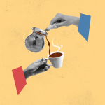 Contemporary art collage. Woman pouring warm coffee into cup from coffee cezve. Lunch break . Comfortable meeting. Concept of surrealism, creativity, retro style. Copy space for ad, poster