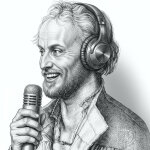 Ein KI generiertes Bild, auf dem Philipp Melanchthon Kopfhörer trägt und ins Mikro spricht
