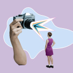 Photo model posing in front of the camera. Art collage.