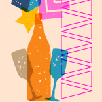 Risograph Champagne glass and bottle with geometric shapes. Objects in trendy riso graph print texture style design with geometry elements.