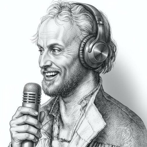Ein KI generiertes Bild, auf dem Philipp Melanchthon Kopfhörer trägt und ins Mikro spricht © Radio-phil, Melanchthon-Gymnasium Nürnberg