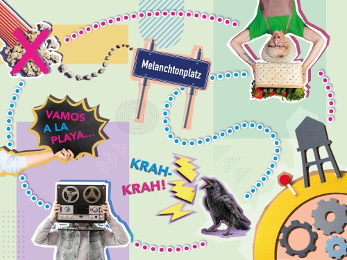 Bunte Collage im Pop-Art-Stil: Eine gepunktete Weglinie führt quer durchs Bild zu einem Straßenschild „Melanchtonplatz“. Entlang des Weges sind verschiedene Motive verteilt – durchgestrichenes Popcorn, eine Person mit Kiste Gemüse (auf dem Kopf stehend), ein Comic-Sprechblasen-Text „Vamos a la playa…“, ein Mensch mit Tonbandgerät vor dem Gesicht, ein krächzender Rabe mit „Krah-krah!“, ein Stuhl, Zahnräder und weitere grafische Elemente in Pastellfarben. © wasser