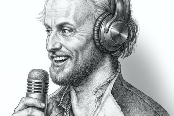 Ein KI generiertes Bild, auf dem Philipp Melanchthon Kopfhörer trägt und ins Mikro spricht