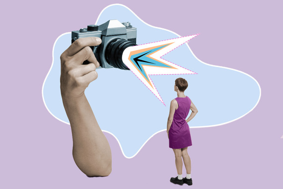 Photo model posing in front of the camera. Art collage.