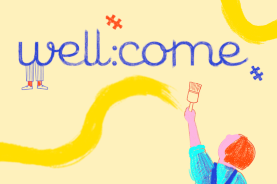 Schriftzug mit well:come vor gelbem Hintergrund. Ein gemalter Junge mit roten Haaren hält einen Pinsel.