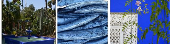 Ausstellung Blau, 3 Bilder, eins davon mit Sardinen, eins mit einer weißen Tür und blauem Hintergrund, eins mit einem blauen Brunnen