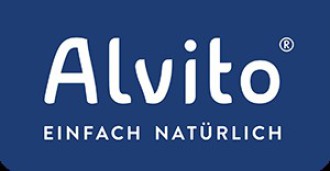 Alvito Logo weiße Schrift auf blauem Grund