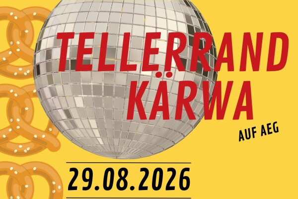 Gelbes Plakat mit Fotos von Brezen, Discokugel und einer Weisswurst. Darüber Text in roter, weißer  und schwarzer Schrift mit Informationen zum Programm.