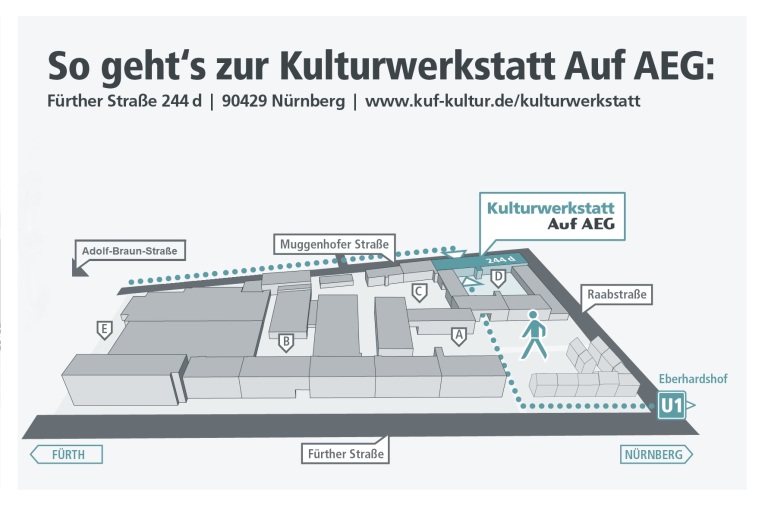 Bild von den Anfahrts·möglichkeiten und den Fußwegen zur Kultur·werkstatt Auf AEG., Bild © Rheingold / Stadt Nürnberg