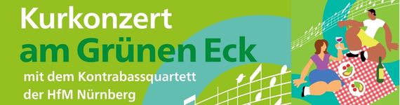 Kurkonzert am Grünen Eck mit dem Kontrabassquartett der Hochschule für Musik und gemalte Menschen, die Picknick machen.