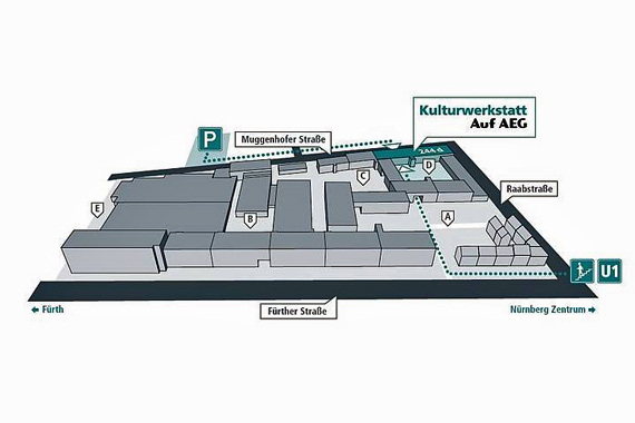 Anfahrtsplan zum Kulturbüro Muggenhof in der Kulturwerkstatt Auf AEG