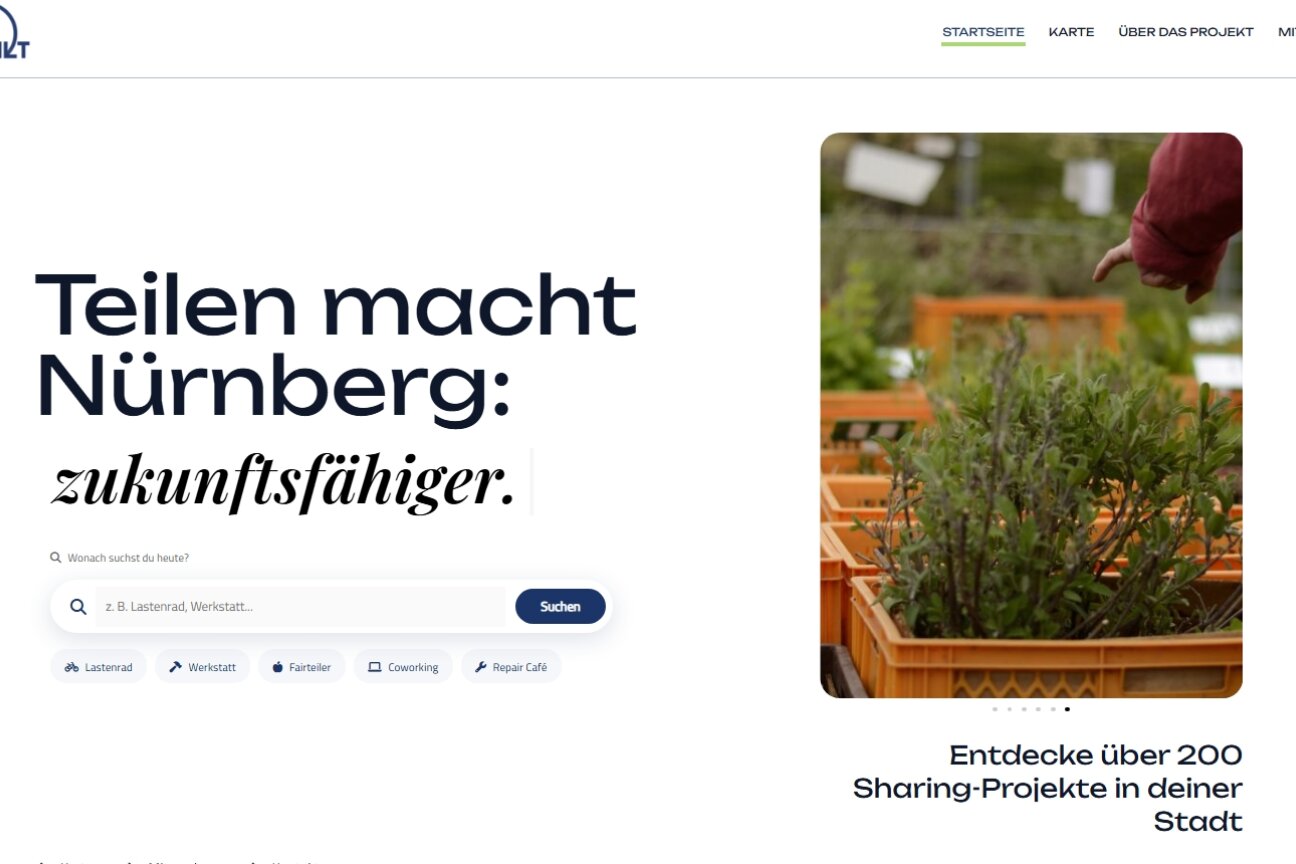 Das Bild zeigt einen Screenshot der Website "Nürnberg teilt" mit dem Slogan "Teilen macht Nürnberg zukunftsfähiger", Bild © Sarah Vivian Röder / Stadt Nürnberg