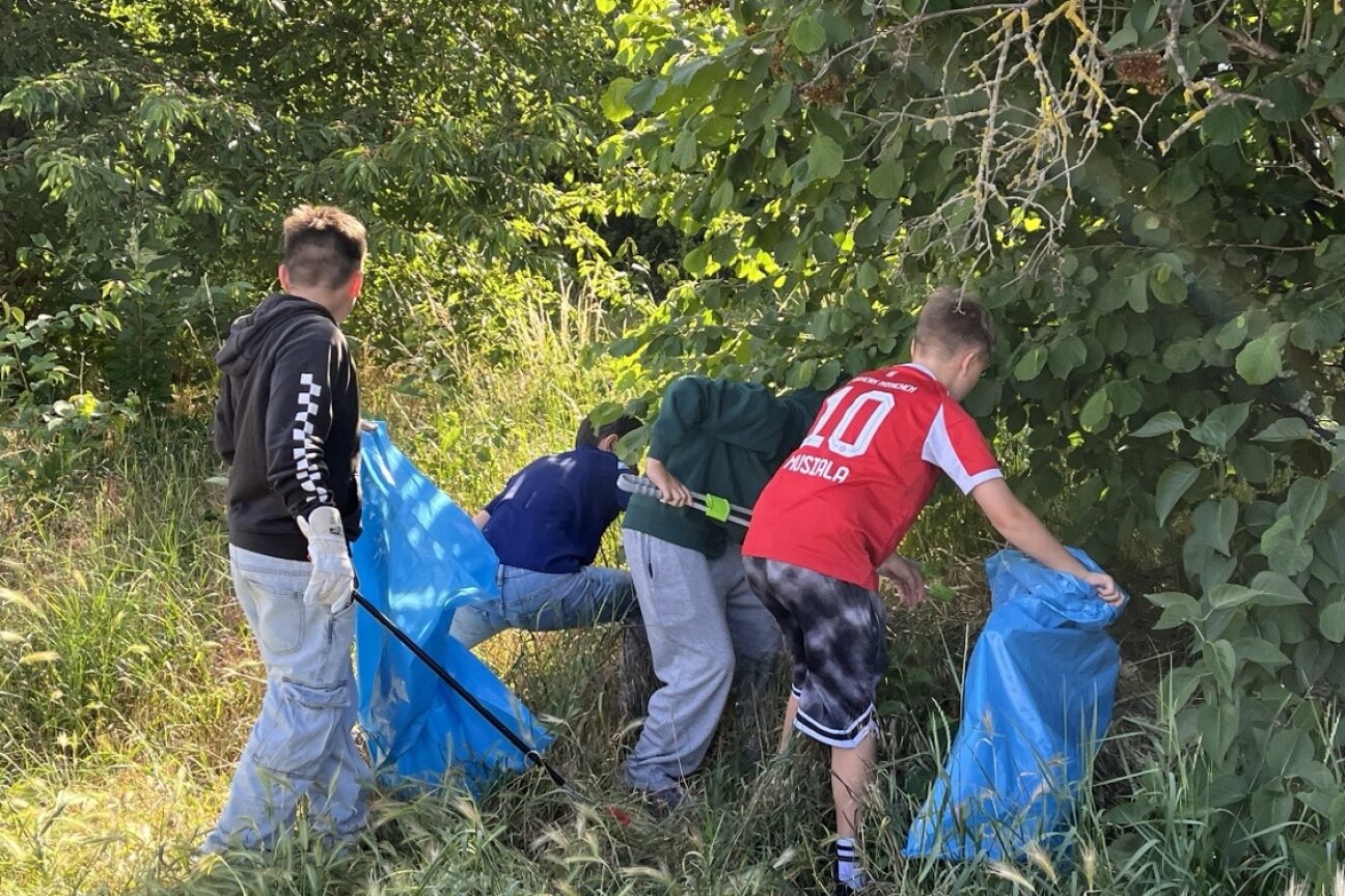 Vier Jungen sammeln im Busch nach Müll, ausgestattet mit Müllsäcken und Handschuhen.