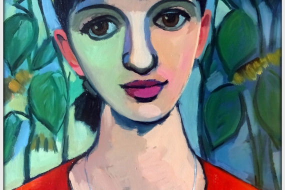 Ein Gemälde zeigt Kopf und Oberkörper eine Frau mit dunklen Haaren und einem roten Oberteil vor grünem Hintergrund