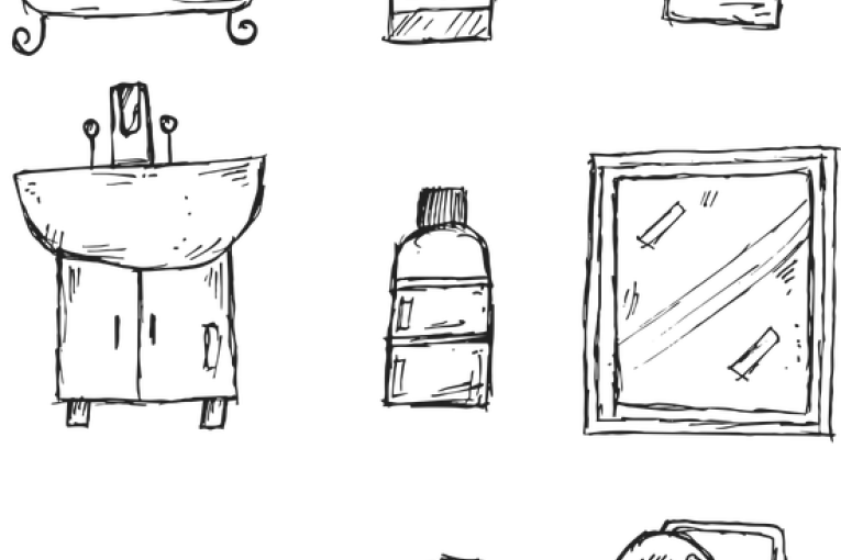 Verschiedene Objekte aus dem Bad sind in neun kleinen zeichnungen dargestellt.