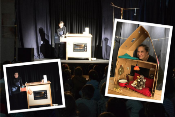 Eine Collage von verschiedenen Bühnenbildern: Eine Frau steht auf der Bühne hinter einem Ofen. Eine Frau steht hinter einem Haus aus Pappe und lächelt