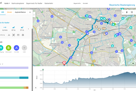 Ein Screenshot zeigt einen LAndkartenausschnitt mit Höhenprofil und Infos zu einer Radroute in Nürnberg