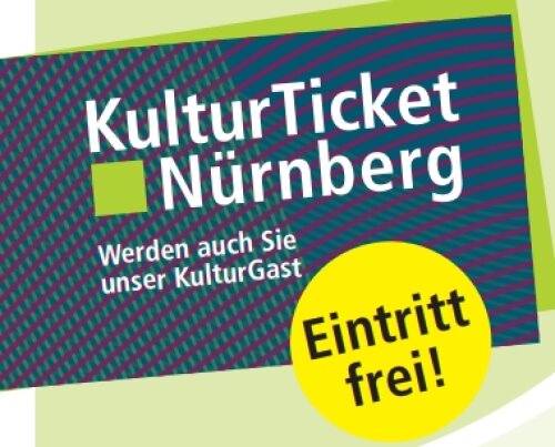Bild von dem Kultur Ticket Nürnberg mit einem gelben Kreis, in welchem Eintritt frei steht © Bürgerstiftung Nürnberg