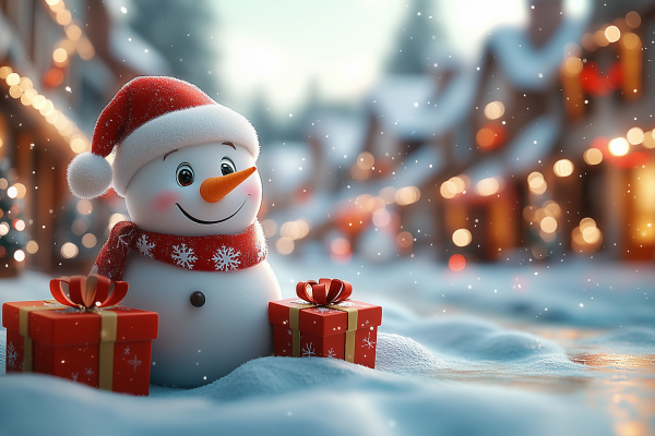 Bild mit Schneemann und Geschenken