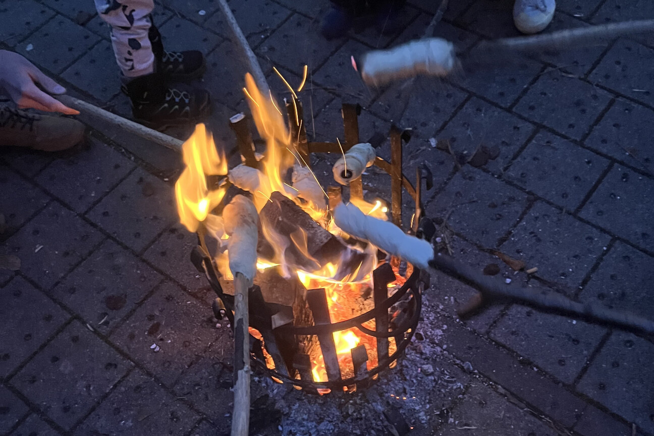 An Stecken aufgespießte Marshmallows werden über einem Feuerkorb geröstet.