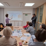 Gruppe sitzt im Raum, eine Person erklärt ein Diagramm