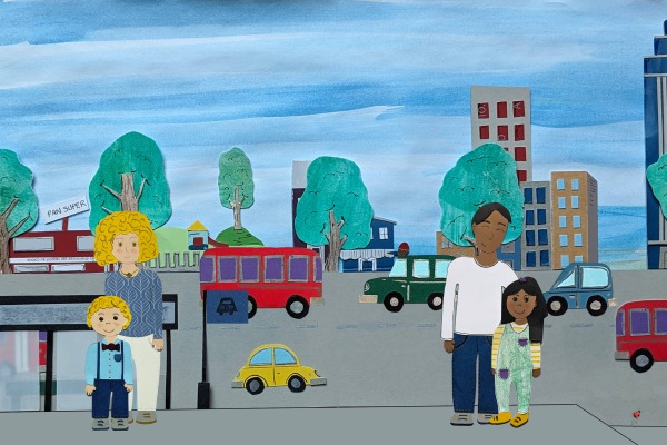 Collage mit Menschen in einer Stadt