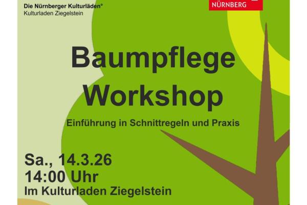 grünes Plakat für die Ankündigung des Baumpflege Workshops
