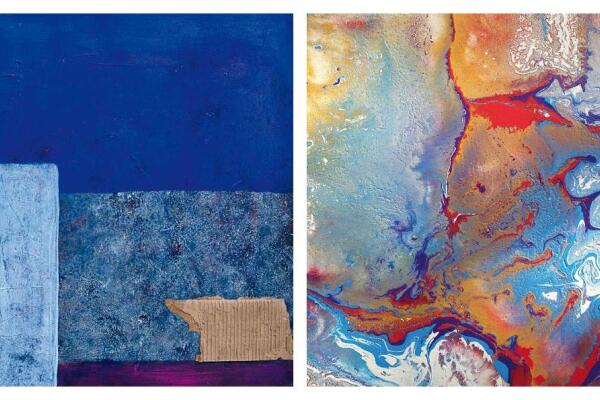 abgebildet sind jeweils ein farbreiches Werk der Künstler*innen Lisa Volland und Stefan vom Scheidt