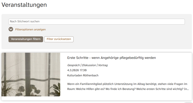 Ausschnitt von dem Veranstaltungs·kalender auf einer Internet·seite von KUF., Bild © Stadt Nürnberg