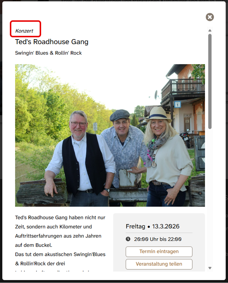 Eine angeklickte Veranstaltung im Veranstaltungs·kalender von KUF. Die Informationen stehen in einem neuen Fenster. Um die 1. Zeile ist ein roter Rahmen. In dem Rahmen steht: Konzert., Bild © Stadt Nürnberg