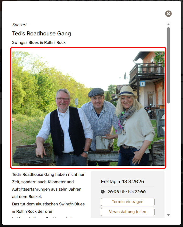 Eine angeklickte Veranstaltung im Veranstaltungs·kalender von KUF. Die Informationen stehen in einem neuen Fenster. Um das Bild ist ein roter Rahmen., Bild © Stadt Nürnberg