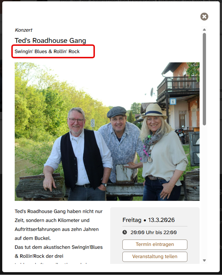 Eine angeklickte Veranstaltung im Veranstaltungs·kalender von KUF. Die Informationen stehen in einem neuen Fenster. Um die 3. Zeile ist ein roter Rahmen. In dem Rahmen steht der Unter·titel von der Veranstaltung: Swingin' Blues & Rollin' Rock., Bild © Stadt Nürnberg