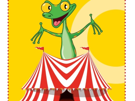 Das Bild zeigt ein Zirkus·zelt und darüber einen grünen Gecko.