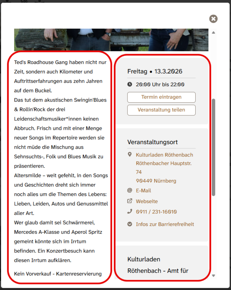 Eine angeklickte Veranstaltung im Veranstaltungs·kalender von KUF. Die Informationen stehen in einem neuen Fenster. Um die Beschreibung auf der linken Seite ist ein roter Rahmen. Und um die wichtigen Informationen auf der rechten Seite ist ein roter Rahmen., Bild © Stadt Nürnberg