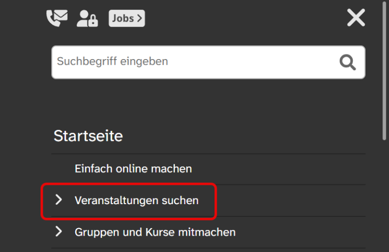 Das ausgeklappte Menü auf einer Internet·seite von KUF. Um den 2. Menü·punkt ist ein roter Rahmen. Der Menü·punkt heißt: Veranstaltungen suchen., Bild © Stadt Nürnberg