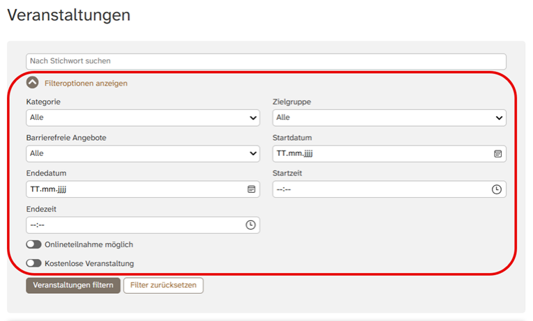 Ein Teil von der Internet·seite: Veranstaltungen. Um die Filter·optionen ist ein roter Rahmen. Die Filter·optionen sind aufgeklappt., Bild © Stadt Nürnberg