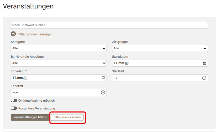 Ein Teil von der Internet·seite: Veranstaltungen. Um den Button Filter zurücksetzen ist ein roter Rahmen., Bild © Stadt Nürnberg