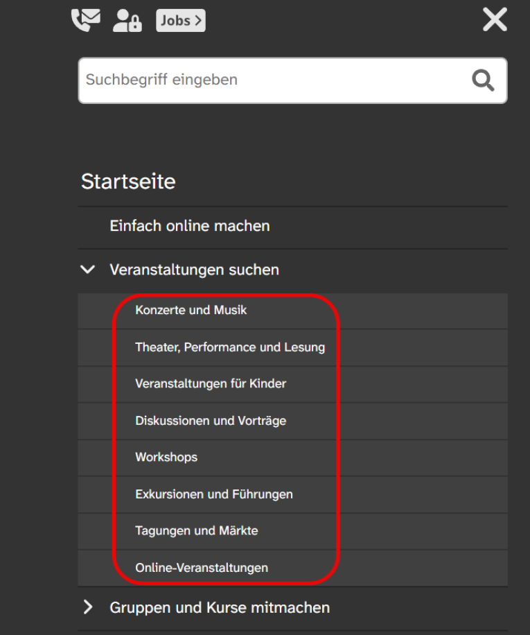 Das Menü auf einer Internet·seite von KUF. Der 2. Menü·punkt ist ausgeklappt. Derr Menü·punkt heißt: Veranstaltungen suchen. Darunter stehen viele Veranstaltungs·arten., Bild © Stadt Nürnberg