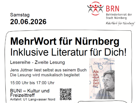 Bild © Behinderten·rat Nürnberg Plakat zur inklusiven Lese·reihe MehrWort vom Behinderten·rat Nürnberg am 20. Juni 2026., Bild © Behinderten·rat Nürnberg