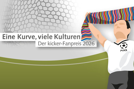 Grafik: Die Preis·figur Max hält einen bunten Schal in die Höhe. Links von der Preis·figur steht: Eine Kurve, viele Kulturen. Der kicker-Fanpreis 2026.